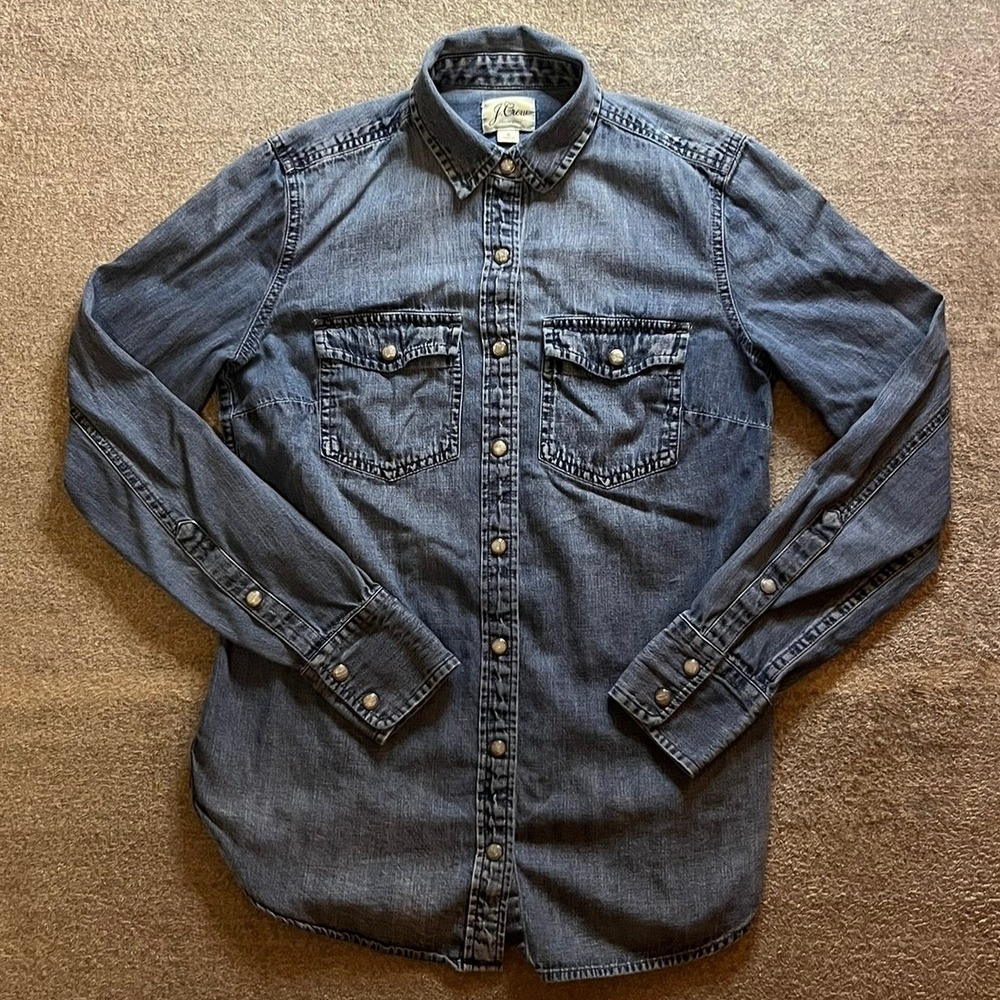 J.Crew Womens Western Denim Shirt Blue Faded Pearl; Snap Front Cotton Size 0